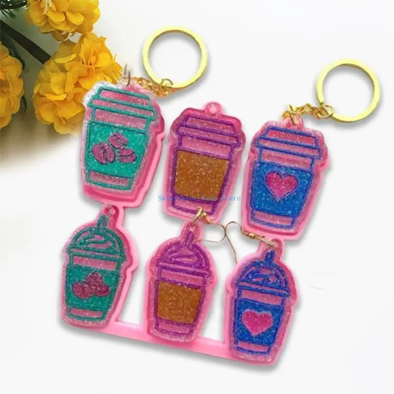 D5QB Pendant Keychain Casting Resin Mold DIY Decorations Mold Handmade 6 Coffee Cups Earrings Eardrop Danglers Silicone Mould