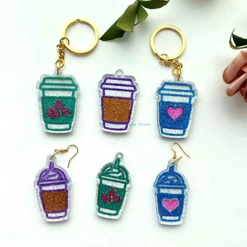 D5QB Pendant Keychain Casting Resin Mold DIY Decorations Mold Handmade 6 Coffee Cups Earrings Eardrop Danglers Silicone Mould