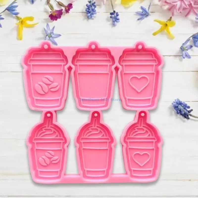 D5QB Pendant Keychain Casting Resin Mold DIY Decorations Mold Handmade 6 Coffee Cups Earrings Eardrop Danglers Silicone Mould