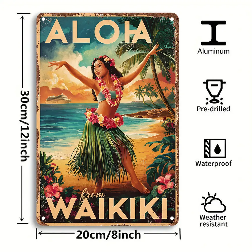 Aloha from Waikiki Vintage Metal Tin Sign, Aluminum Wall Art Decor for Garden, Bedroom, Garage, Christmas Decoration