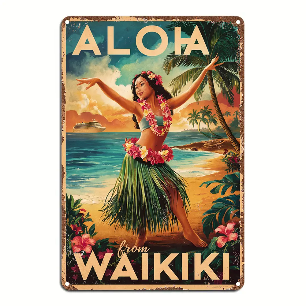 Aloha from Waikiki Vintage Metal Tin Sign, Aluminum Wall Art Decor for Garden, Bedroom, Garage, Christmas Decoration