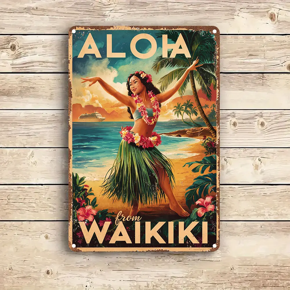 Aloha from Waikiki Vintage Metal Tin Sign, Aluminum Wall Art Decor for Garden, Bedroom, Garage, Christmas Decoration