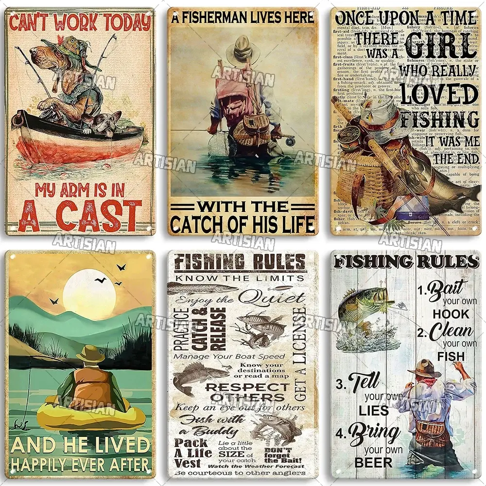 Artisian Fishing Metal Poster Sport Tin Plate Lure Decorative Sign Wall Decor Garage Bar Pub Club Hotel Cafe Kitchen Home