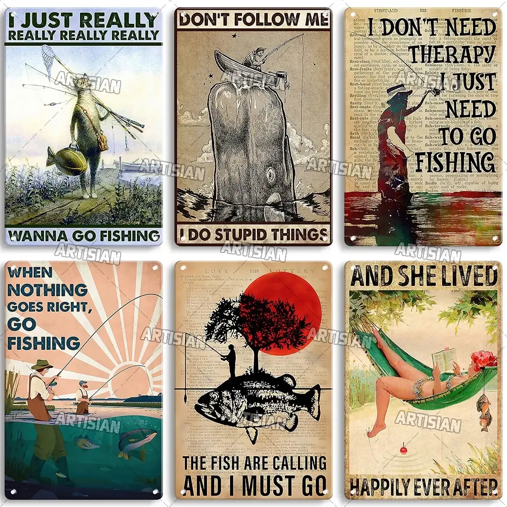 Artisian Fishing Metal Poster Sport Tin Plate Lure Decorative Sign Wall Decor Garage Bar Pub Club Hotel Cafe Kitchen Home