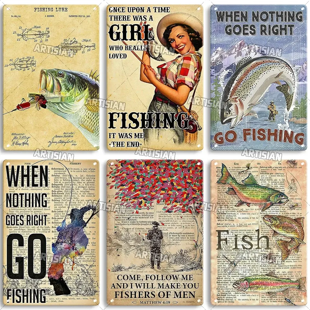 Artisian Fishing Metal Poster Sport Tin Plate Lure Decorative Sign Wall Decor Garage Bar Pub Club Hotel Cafe Kitchen Home