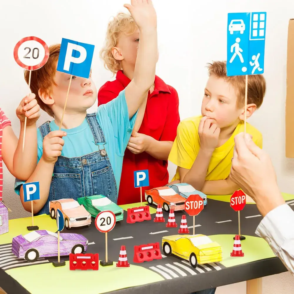 12pcs Mini Construction Traffic Sign Set, Mini Plastic Road Street Signs Toys For Kids Cone Construction Theme Party Gifts