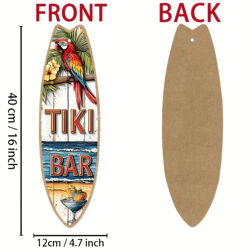 Vintage Tiki Bar Surfboard Wall Art - Retro Hawaiian Decor with Parrot & Pineapple, Beach Theme Wood Sign for Home & Cafe