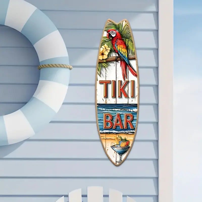 Vintage Tiki Bar Surfboard Wall Art - Retro Hawaiian Decor with Parrot & Pineapple, Beach Theme Wood Sign for Home & Cafe