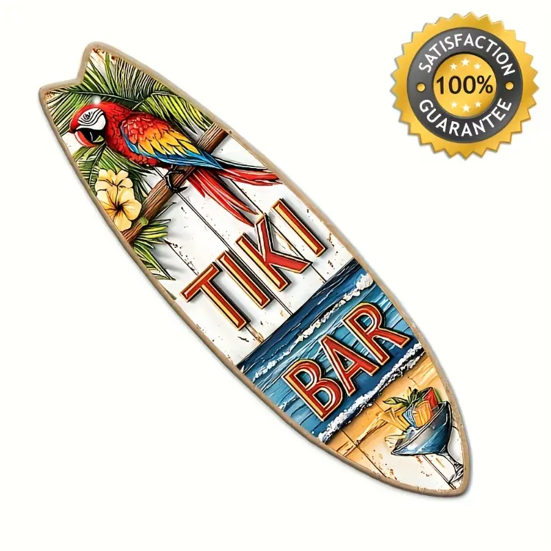 Vintage Tiki Bar Surfboard Wall Art - Retro Hawaiian Decor with Parrot & Pineapple, Beach Theme Wood Sign for Home & Cafe