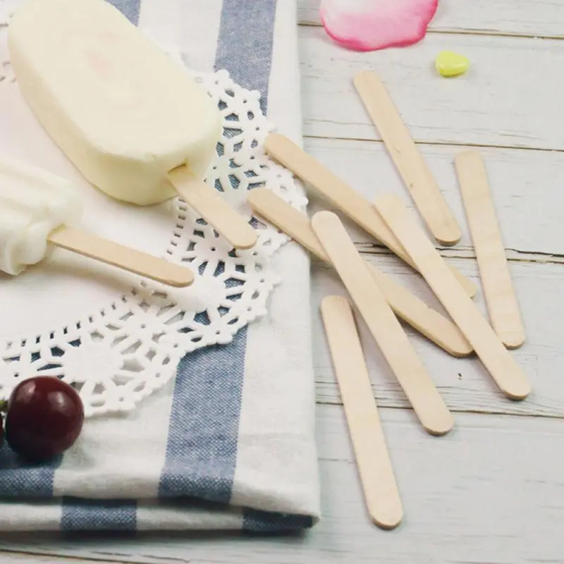 100pcs Natural Wooden Ice Cream Popsicle Sticks Wood Stick Ice Cream Spoon Hand Art Ice Cream Ice Cube Lollipop Cake Tools 93mm
