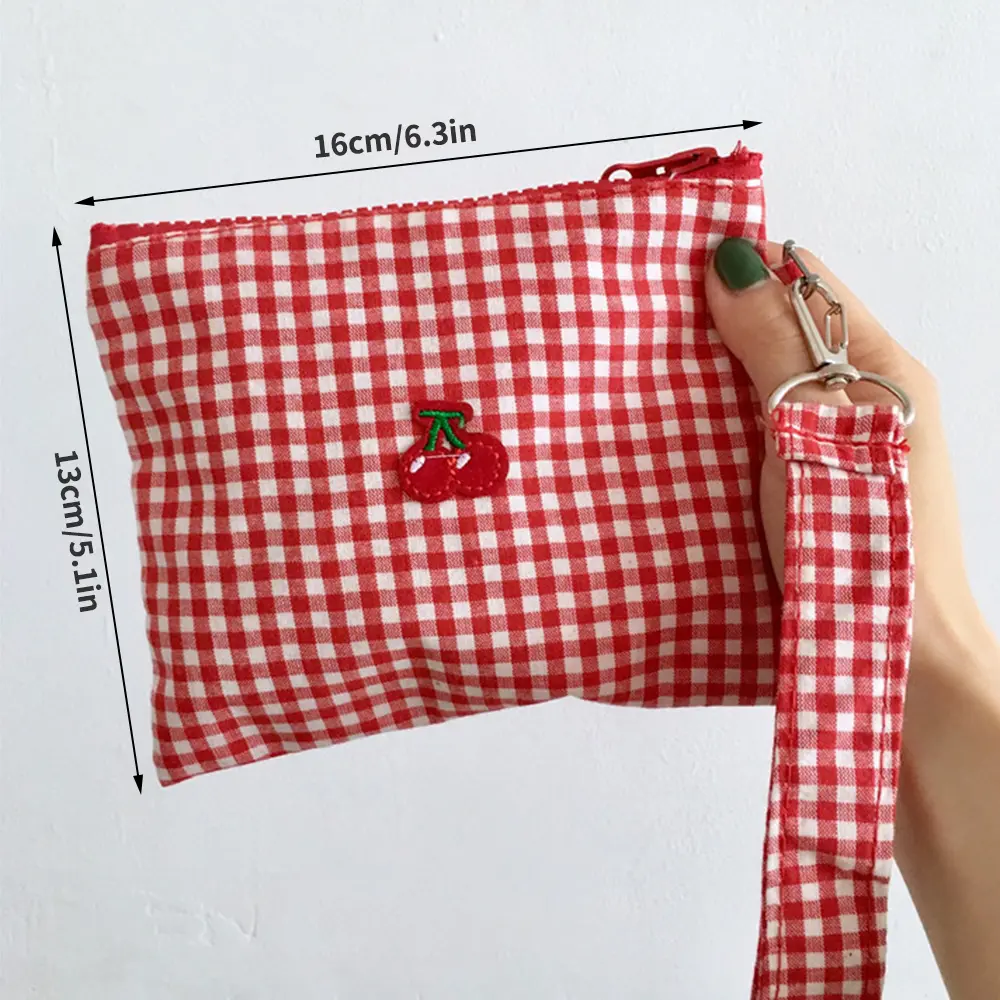 Red cherry canvas makeup bag, portable and easy to carry. Red plaid, large capacity cosmetic lipstick storage bag