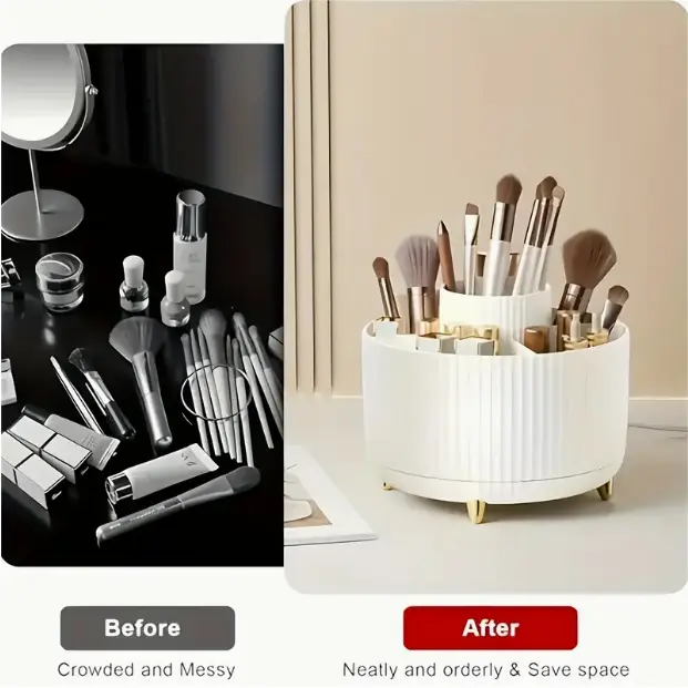 ° Rotating Makeup Organizer - 1pc Plastic Cosmetic  with 5 Compartments - Multi-Functional Holder for Brushes, Lipsticks, Skin