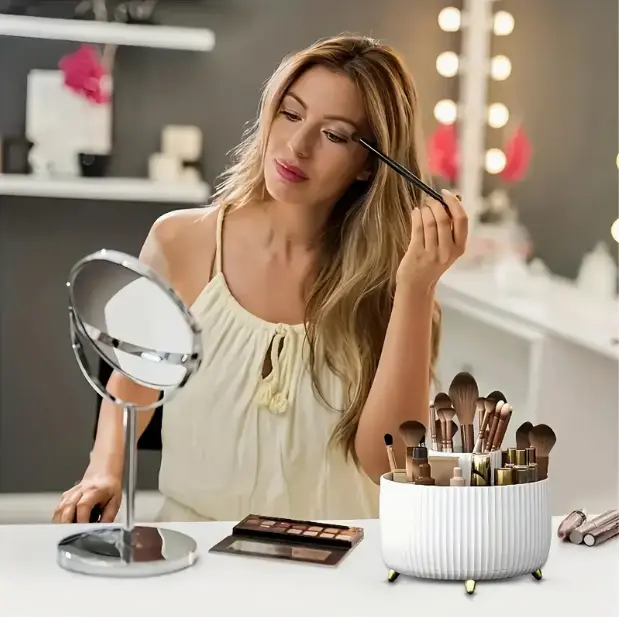 ° Rotating Makeup Organizer - 1pc Plastic Cosmetic  with 5 Compartments - Multi-Functional Holder for Brushes, Lipsticks, Skin