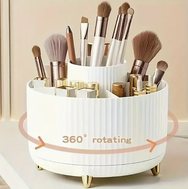 ° Rotating Makeup Organizer - 1pc Plastic Cosmetic  with 5 Compartments - Multi-Functional Holder for Brushes, Lipsticks, Skin