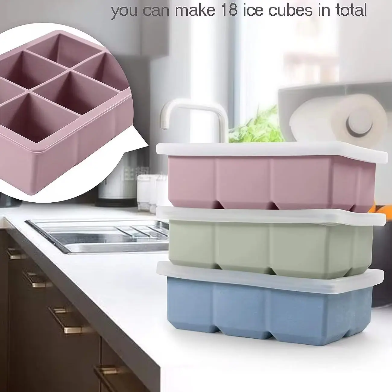 6 Cube Ice Tray Mold Giant Large Food Grade Silicone Mold with Lid Reusable Whiskey Cube Square Tray DIY Ice Maker Ice Tray