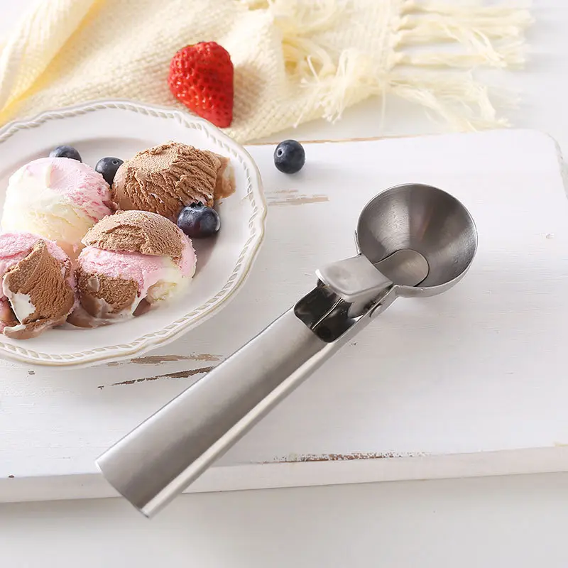 1pc Ice Cream Scoop with Trigger Icecream Scooper Stainless Steel Fruit Watermelon Scoop Ball Spoon