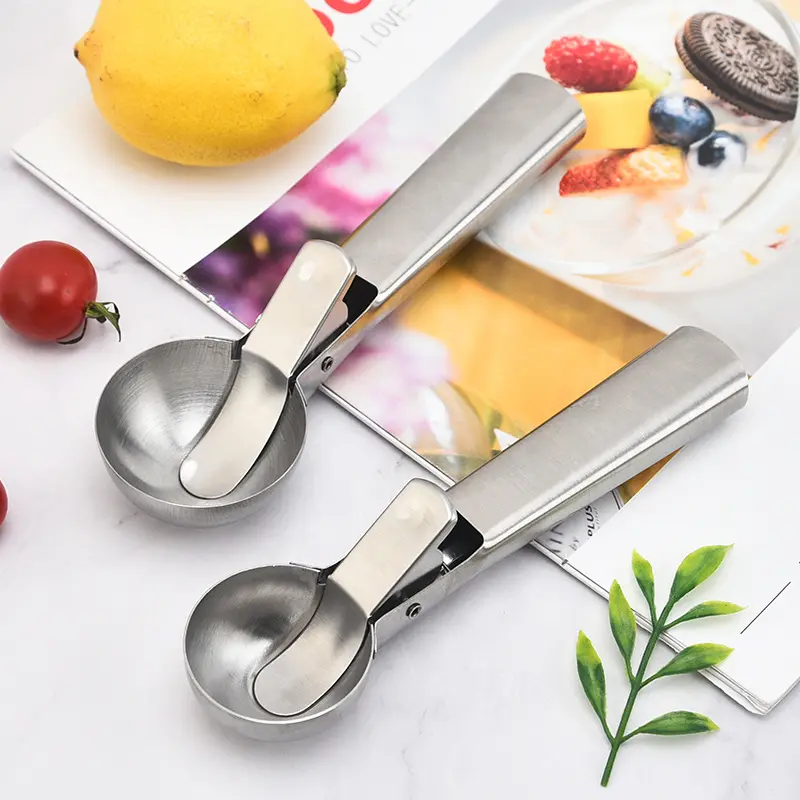 1pc Ice Cream Scoop with Trigger Icecream Scooper Stainless Steel Fruit Watermelon Scoop Ball Spoon