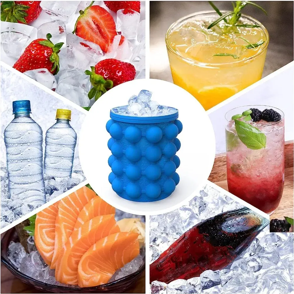 Ice Cube Mold 2 in 1 Ice Trays Large Silicone Ice Bucket Portable Frozen Drink Maker for Whiskey Beer Kitchen Tools