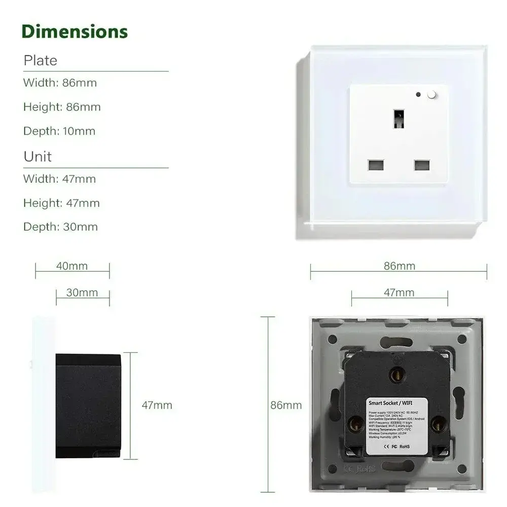 Melery Wifi Tuya Smart Life App UK Standard Wall Socket Single Intelligent 13A Glass Panel Remote Control with Alexa Google Home