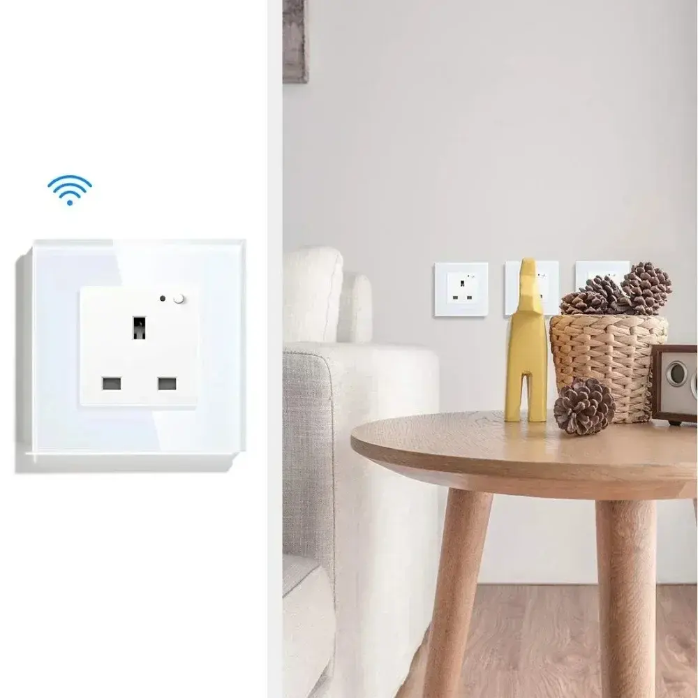 Melery Wifi Tuya Smart Life App UK Standard Wall Socket Single Intelligent 13A Glass Panel Remote Control with Alexa Google Home
