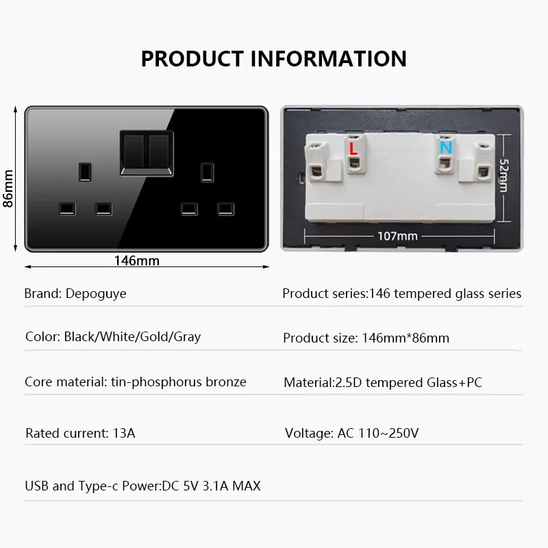 UK 13A Wall Socket with Type-C 18W Fast Charging Plug Socket,Glass Panel Power Double Universal Outlet with Quick USB C charge