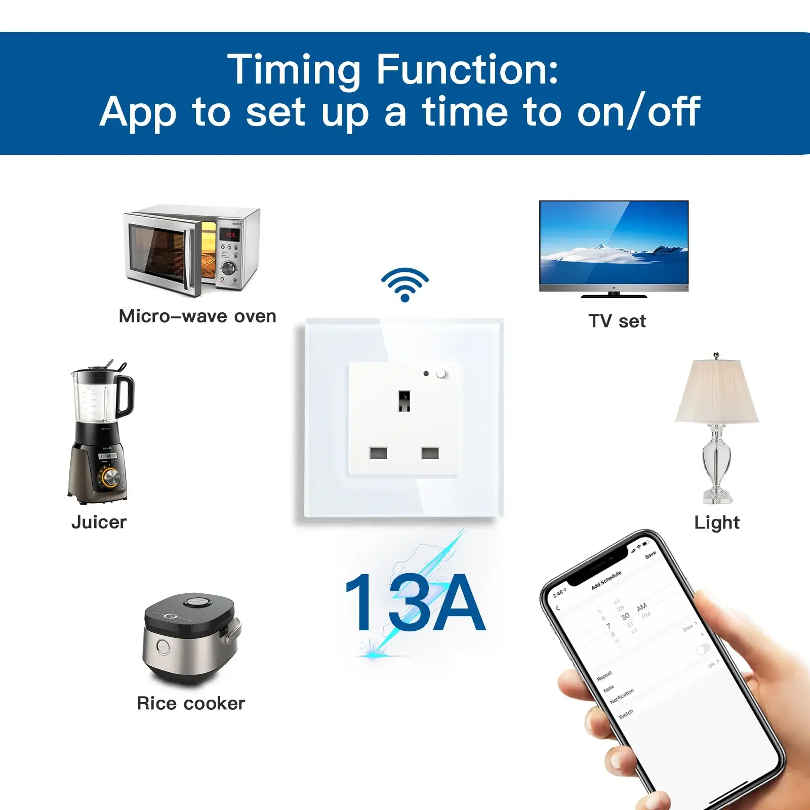 Melery Wifi Tuya Smart Life App UK Standard Wall Socket Single Intelligent 13A Glass Panel Remote Control with Alexa Google Home