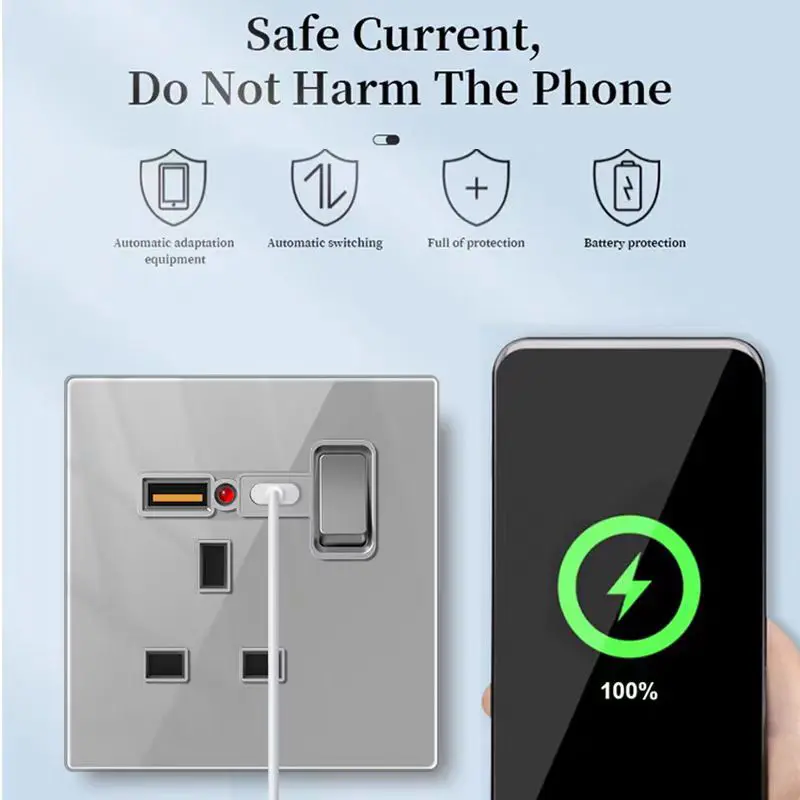 Luxury tempered glass wall lamp switch button UK plug 13A universal wall socket with Usb type-c fast charging wall power socket