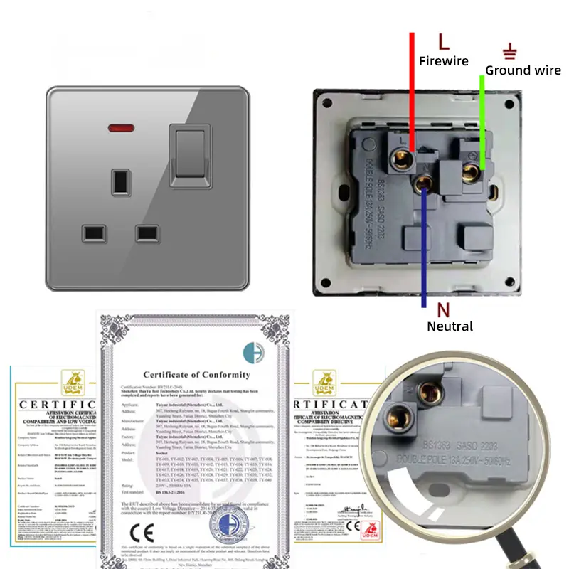 Luxury tempered glass wall lamp switch button UK plug 13A universal wall socket with Usb type-c fast charging wall power socket