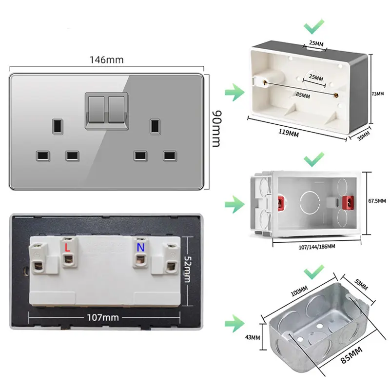 Luxury tempered glass wall lamp switch button UK plug 13A universal wall socket with Usb type-c fast charging wall power socket