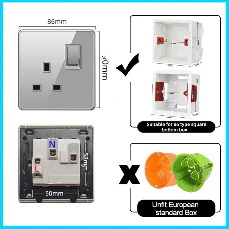 Luxury tempered glass wall lamp switch button UK plug 13A universal wall socket with Usb type-c fast charging wall power socket