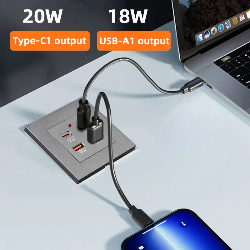 White universal wall USB C socket, 20W type-c 4 port 18W USB plug adapter socket, wall mount EU 220 volt power socket