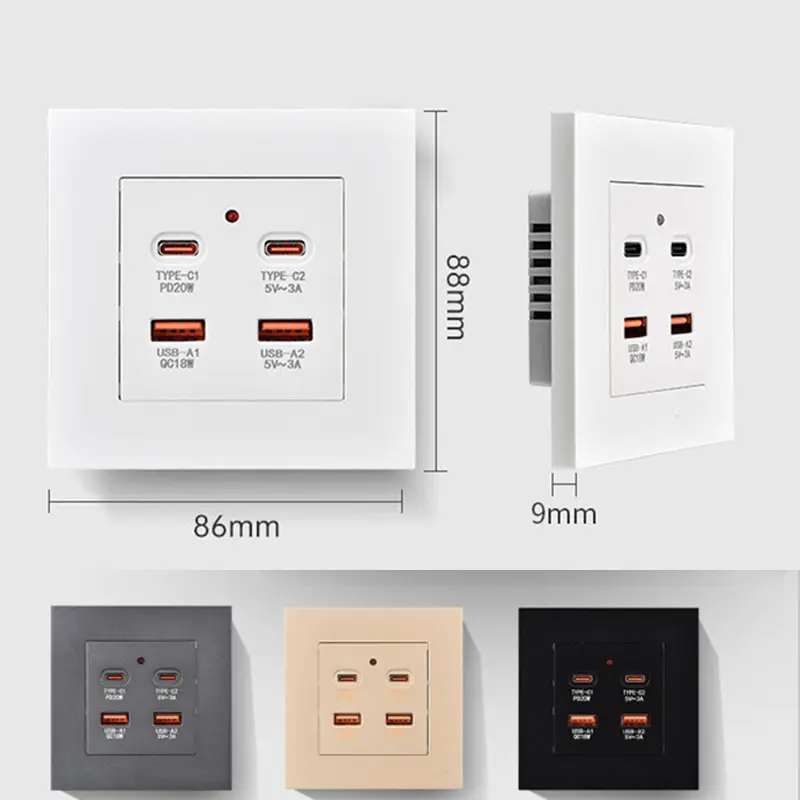 White universal wall USB C socket, 20W type-c 4 port 18W USB plug adapter socket, wall mount EU 220 volt power socket