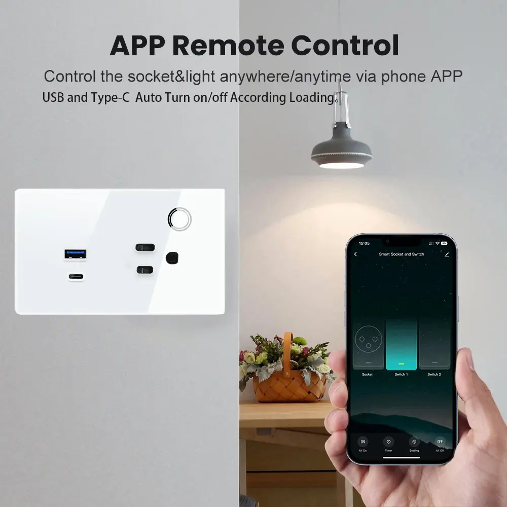 Shawader Wall Socket US Plug Outlet 15A USB TYPE-C 30W WIFI Tuya Smart Power Touch Wireless Remote by Alexa Google Home Kitchen