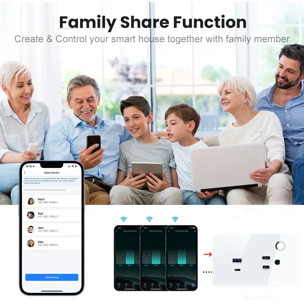 Shawader Wall Socket US Plug Outlet 15A USB TYPE-C 30W WIFI Tuya Smart Power Touch Wireless Remote by Alexa Google Home Kitchen
