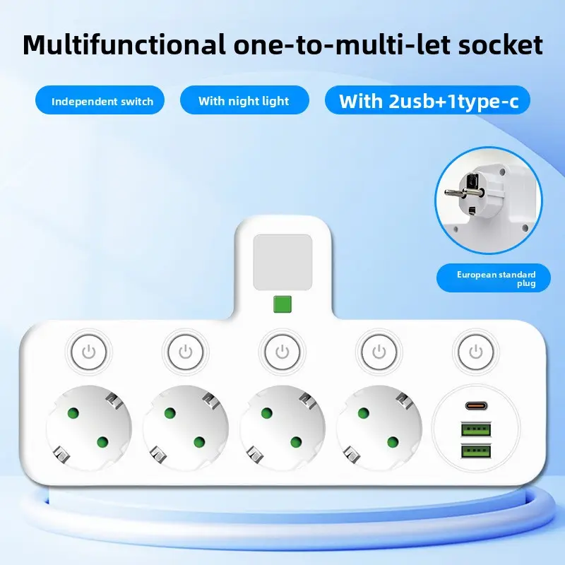 European Standard Multifunctional Usb+Type-C With Night Lamp Socket Black And White Household Anti Electricity Multi Hole Socket
