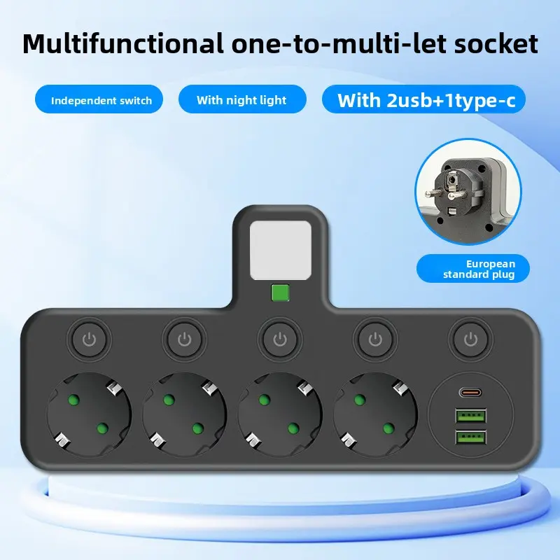European Standard Multifunctional Usb+Type-C With Night Lamp Socket Black And White Household Anti Electricity Multi Hole Socket