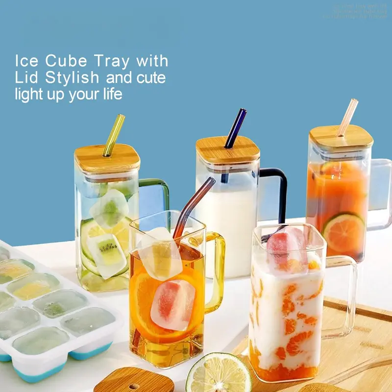 14Grid Silicone Ice Cube Tray with Removable Lid Ice Cube Mold DIY Homemade Popsicle Mold for Cocktail Freezer Kitchen Bar Tools