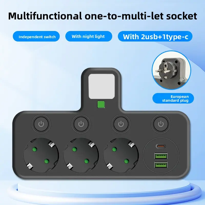 European Standard Multifunctional Usb+Type-C With Night Lamp Socket Black And White Household Anti Electricity Multi Hole Socket