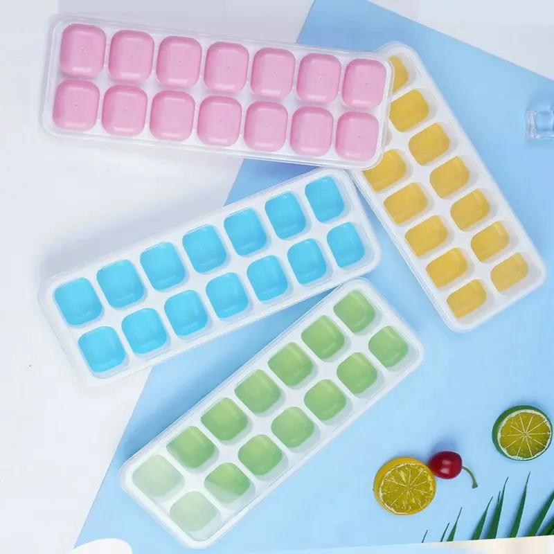14Grid Silicone Ice Cube Tray with Removable Lid Ice Cube Mold DIY Homemade Popsicle Mold for Cocktail Freezer Kitchen Bar Tools
