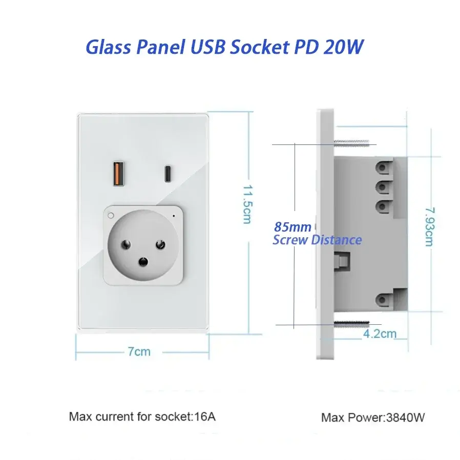 Shawader Israel Smart Wall Socket USB Plug Outlet Type-C PD 20W Fast Charge Glass Panel App Remote Control by Alexa Google Home