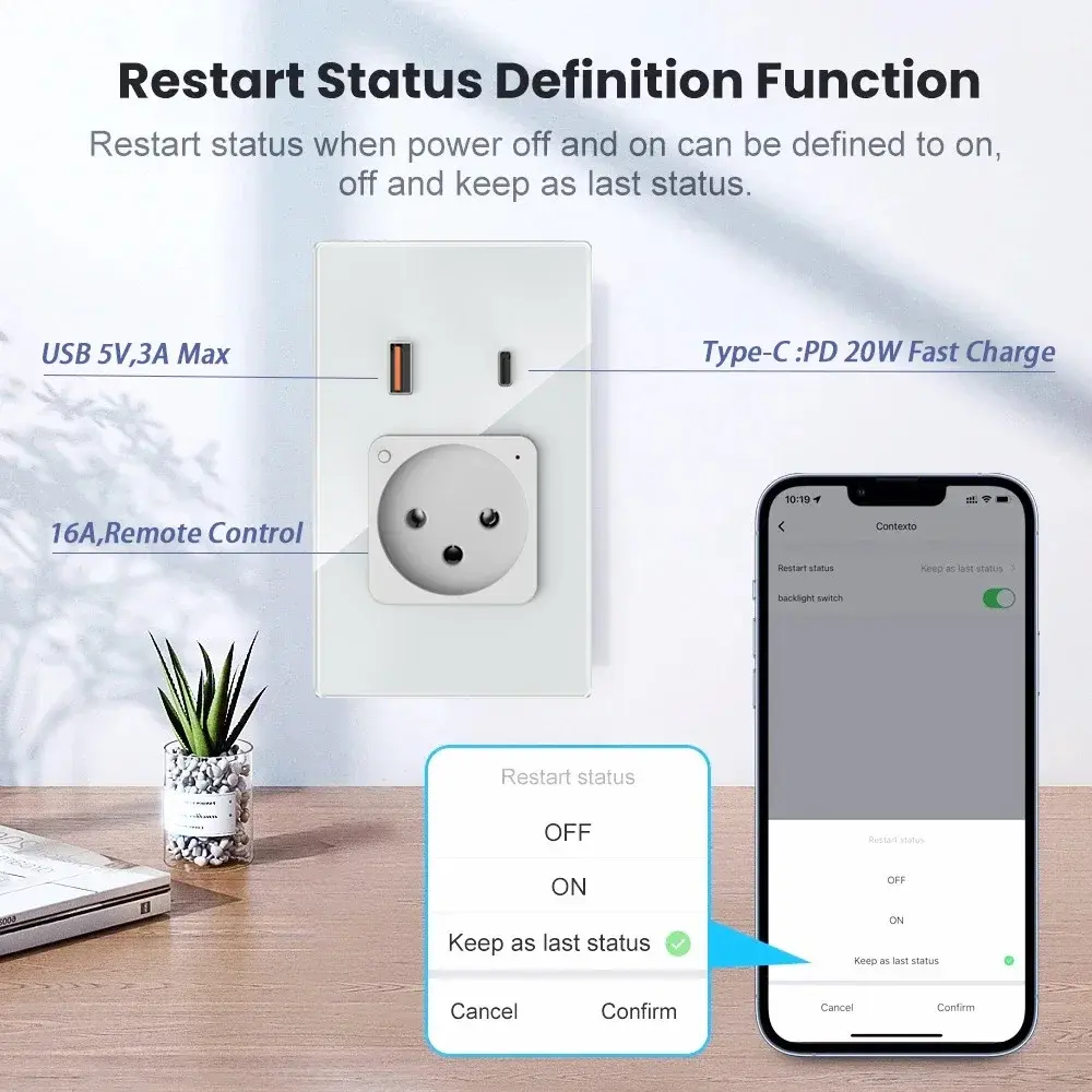 Shawader Israel Smart Wall Socket USB Plug Outlet Type-C PD 20W Fast Charge Glass Panel App Remote Control by Alexa Google Home