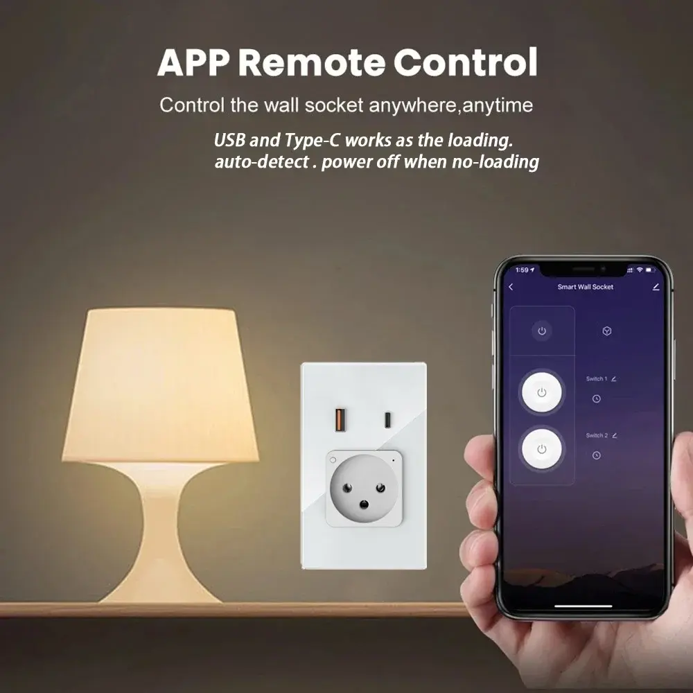 Shawader Israel Smart Wall Socket USB Plug Outlet Type-C PD 20W Fast Charge Glass Panel App Remote Control by Alexa Google Home