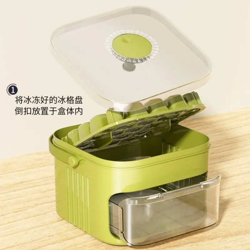 Compact Double Layer Ice Cube Tray with Lid and Bin, Pull-Out Ice Drawer with Portable Handle, Ice Maker with Easy Press Cap