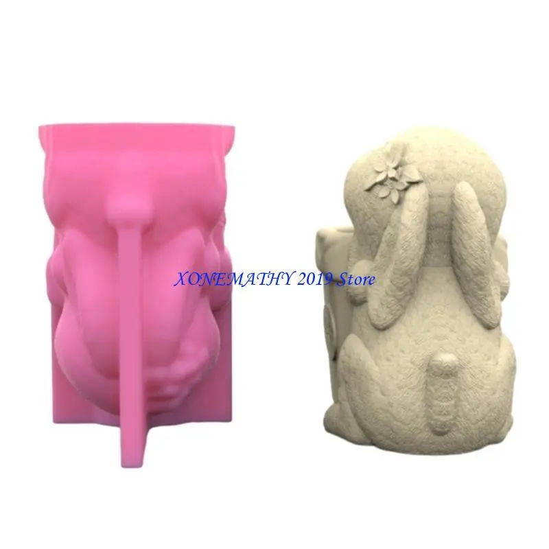 F42F Rabbit Pen Holder Pot Silicone Mold Planter Mold Decor Making Tool