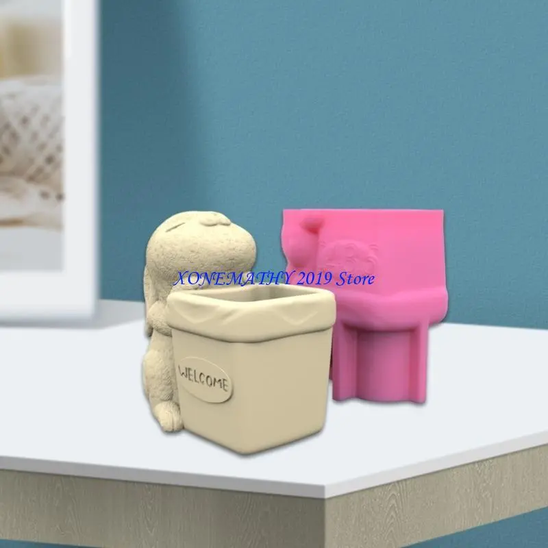 F42F Rabbit Pen Holder Pot Silicone Mold Planter Mold Decor Making Tool