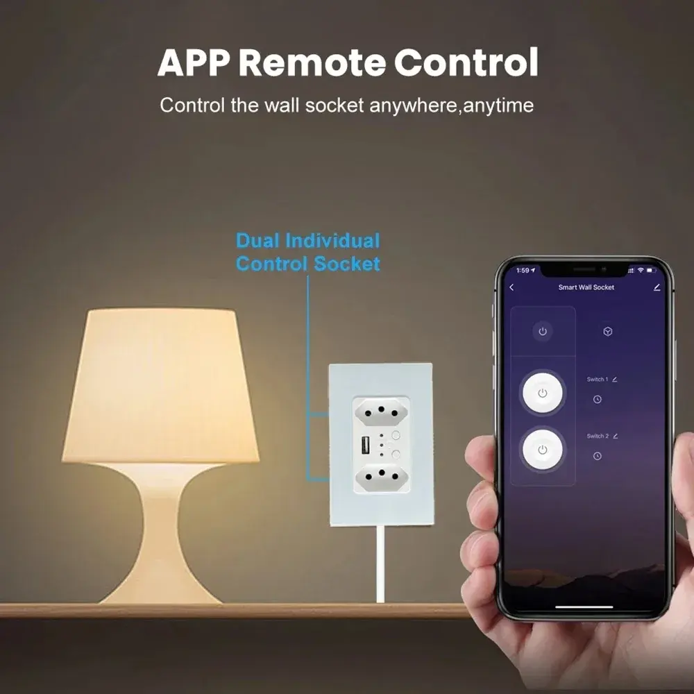 Shawader WiFi Smart Wall Socket USB Electric Brazil Plug 13A Dual Outlets Plastic/Glass Panel Remote Tuya Alexa Google Home