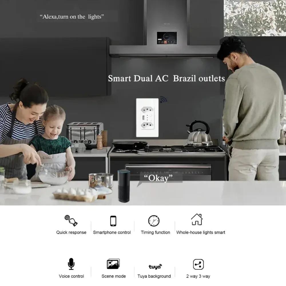Shawader WiFi Smart Wall Socket USB Electric Brazil Plug 13A Dual Outlets Plastic/Glass Panel Remote Tuya Alexa Google Home