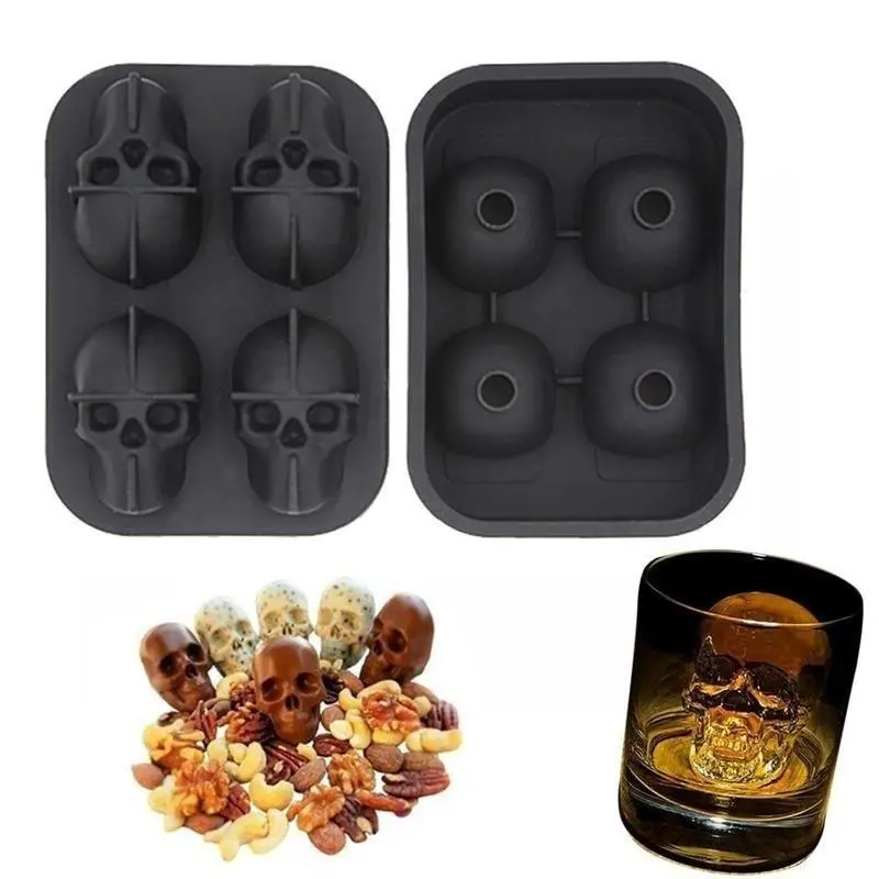 3D Stereo Silicone Ice Tray 4 Grid Head Silicone Ices Cube Mold Popsicle Sticks Iceing Cream Candy Stick Personality Skull Mould