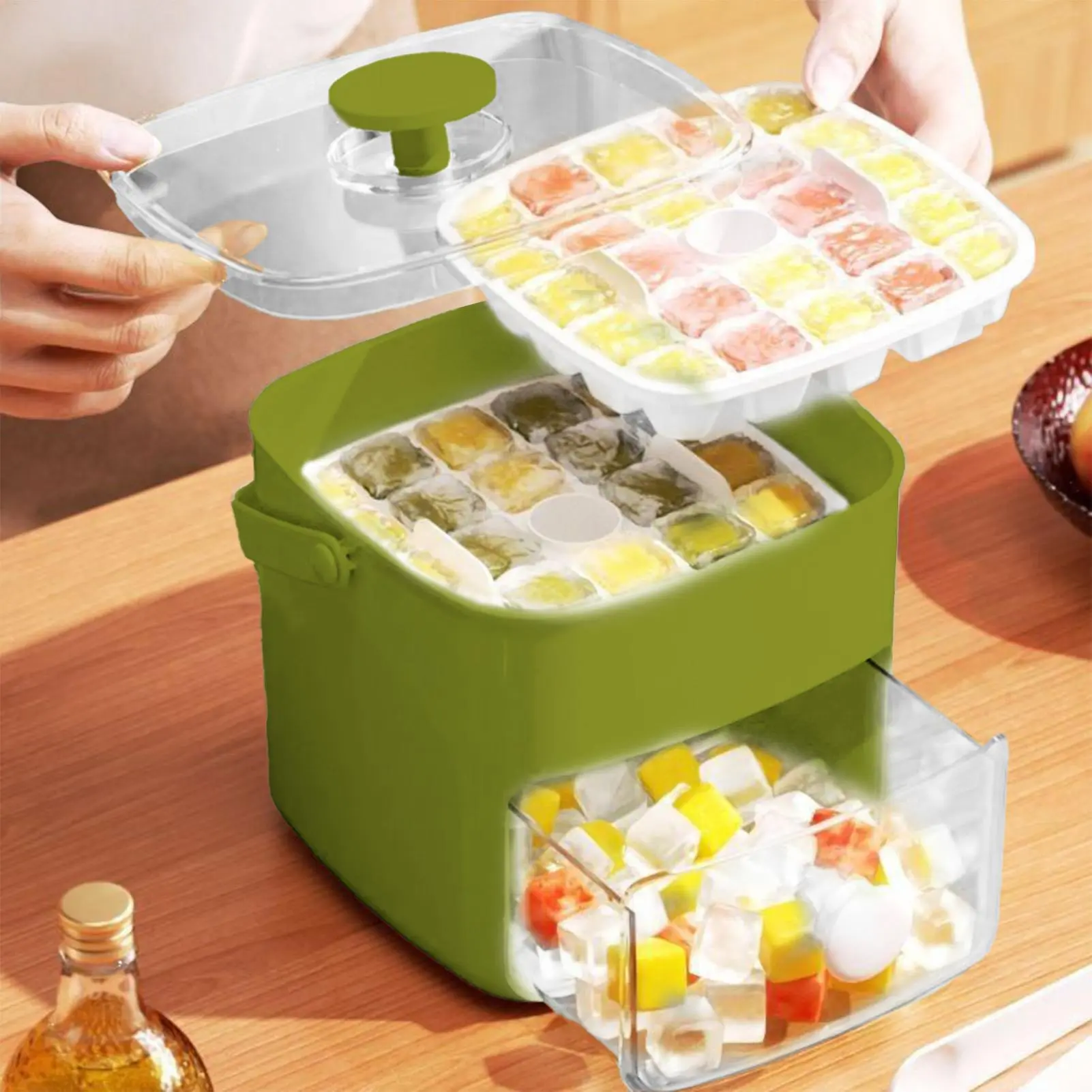 Ice Silicone Mold Mini Ice Maker with Handle Ice Lightly Pressing Release Tool Double Drawer Refrigerator