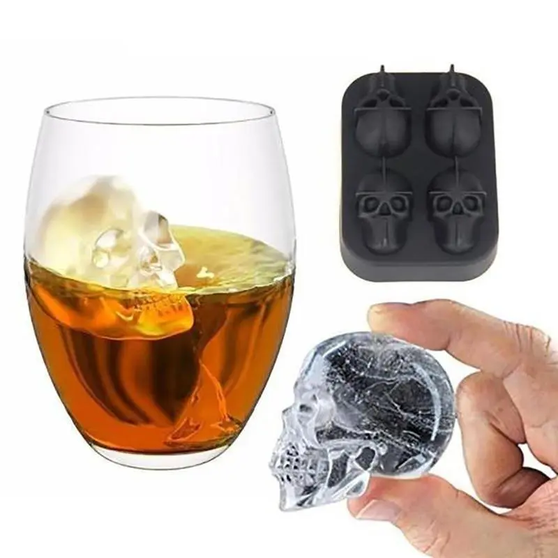 3D Stereo Silicone Ice Tray 4 Grid Head Silicone Ices Cube Mold Popsicle Sticks Iceing Cream Candy Stick Personality Skull Mould
